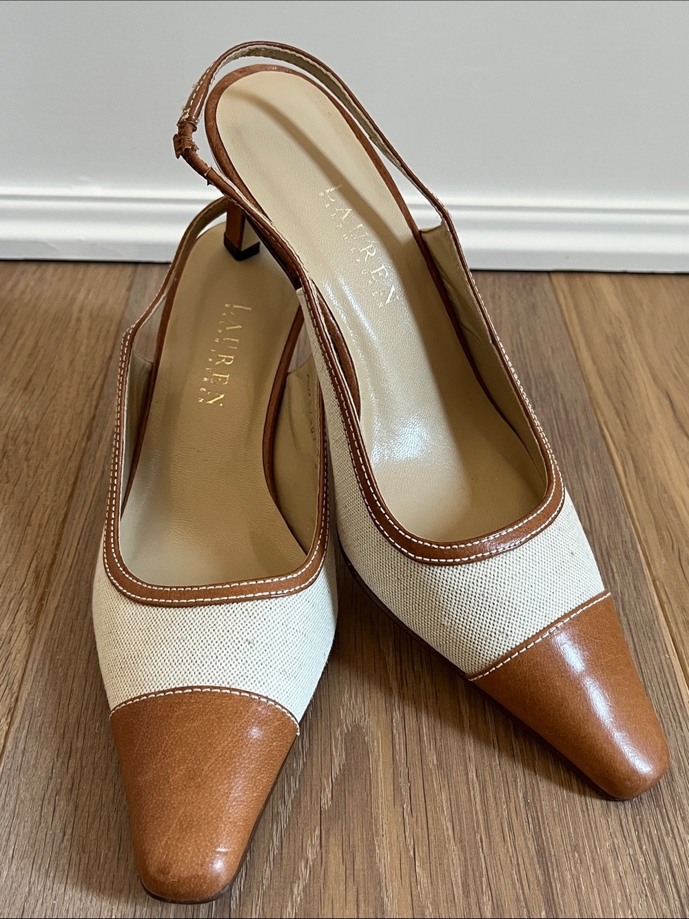 Lauren Ralph Lauren Linen and Leather Slingback 3” Pumps.